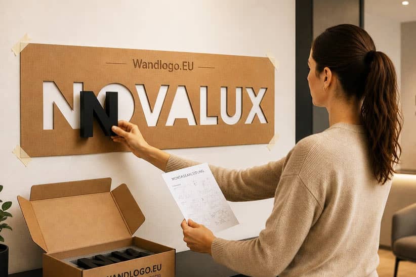 Montage eines 3D Wandlogos mit Schablone an der Wand