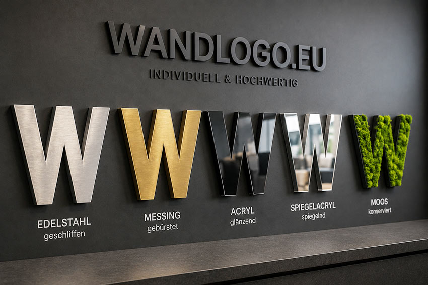 Veredelung bei Wandlogo.eu: Edelstahl, Messing, Acryl und Islandmoos für hochwertige 3D Wandlogos